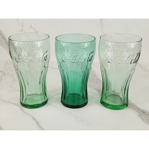 Coca Cola Libbey Drinking Glasses 17oz Embossed Logo 6" Retro Glass Green x3 - Picture 6 of 13